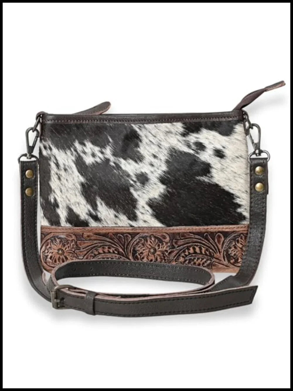 Western Cowhide Tooled Leather Small Crossbody Bag with Adjustable Strap